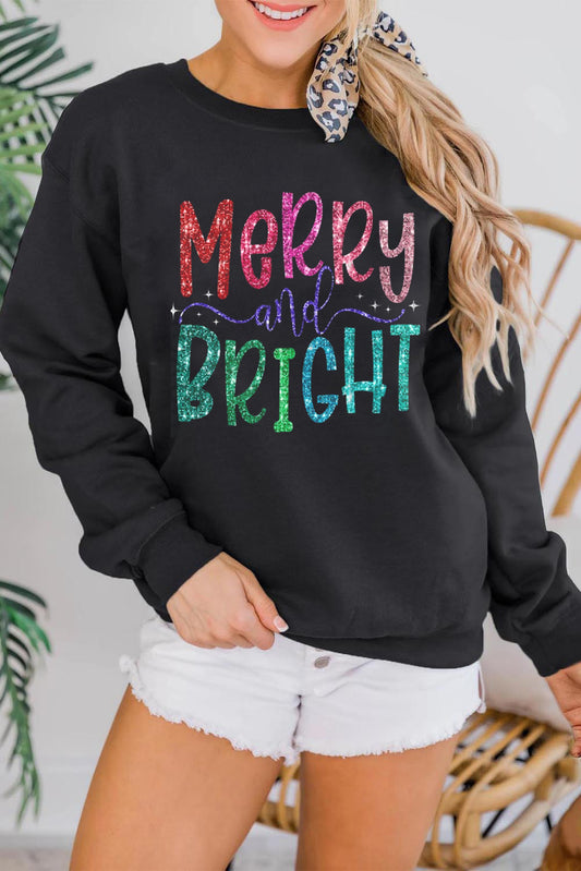 Black Glittering Merry and Bright Graphic Christmas Pullover Sweatshirt