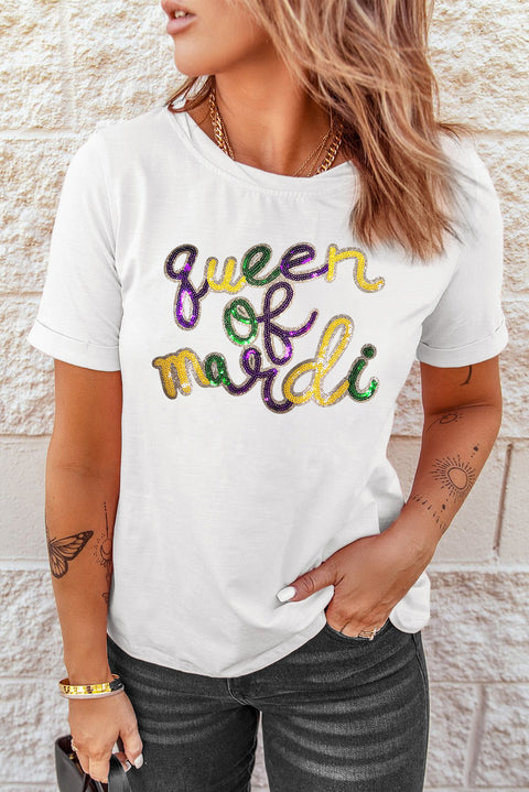 White queen of mardi Sequin Letter Graphic T Shirt