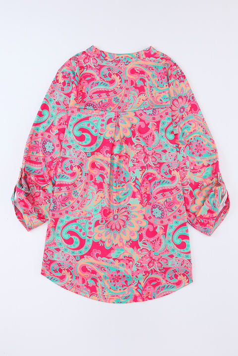 Rose Plus Size Paisley Print V Neck Roll Tab Sleeve Blouse