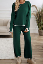 Blackish Green Contrast Trim Split Cuffs Long 2pcs Sweater Outfit Loungewear