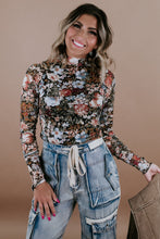 Brown Floral Long Sleeve High Neck Sheath Mesh Blouse