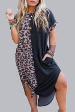 Contrast Solid Leopard Short Sleeve T-shirt Dress with Slits