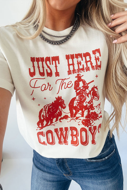 White JUST HERE For THE COWBOY Cuffed Sleeve Crew Neck T Shirt