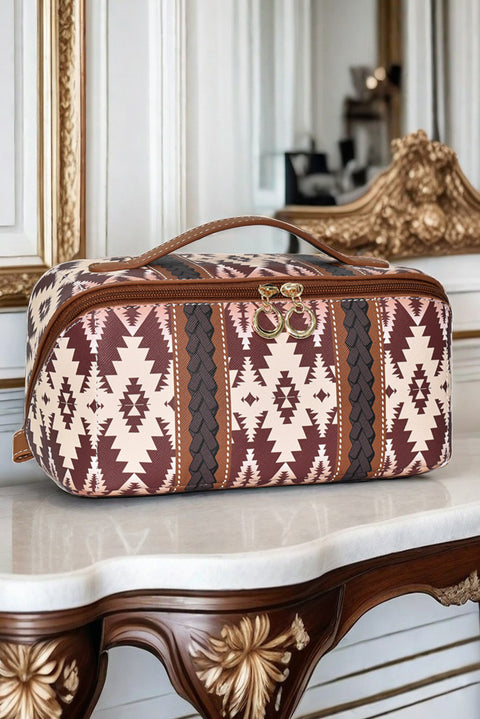 Light French Beige Boho Geometric Print Makeup Bag with Handle