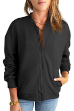 Black Solid Textured Stand Neck Zipper Bomber Jacket