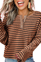 Brown Stripe Textured Frilly Trim Buttons Henley Long Sleeve Top