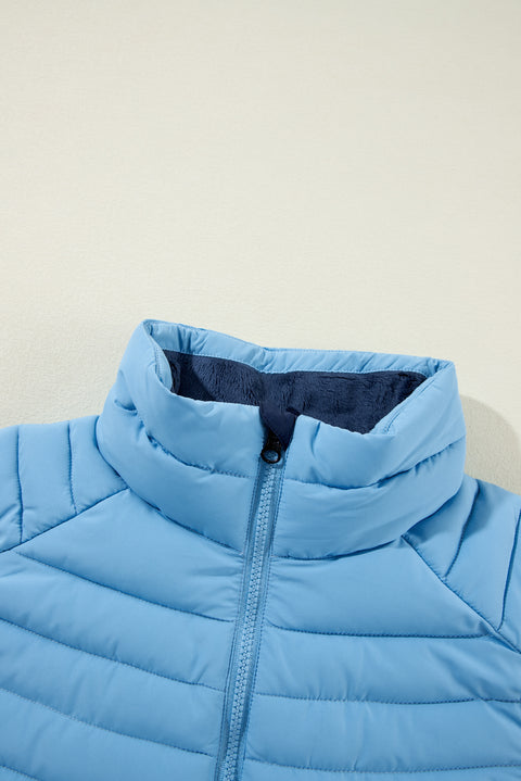 Sky Blue Plush Collared Quilted Zipped Puffer Vest