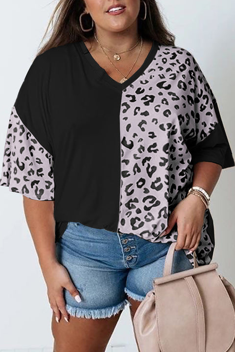 Top de manga corta con patchwork de leopardo de talla grande 