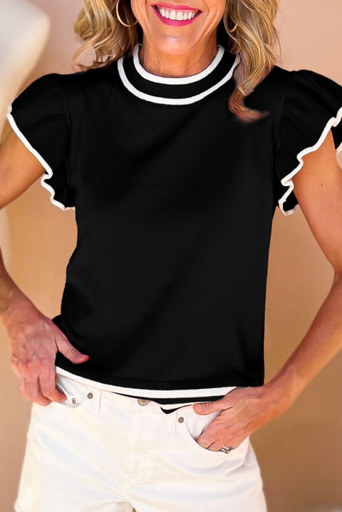 Black Edge Piping Ruffled Sleeve Round Neck Knit T Shirt