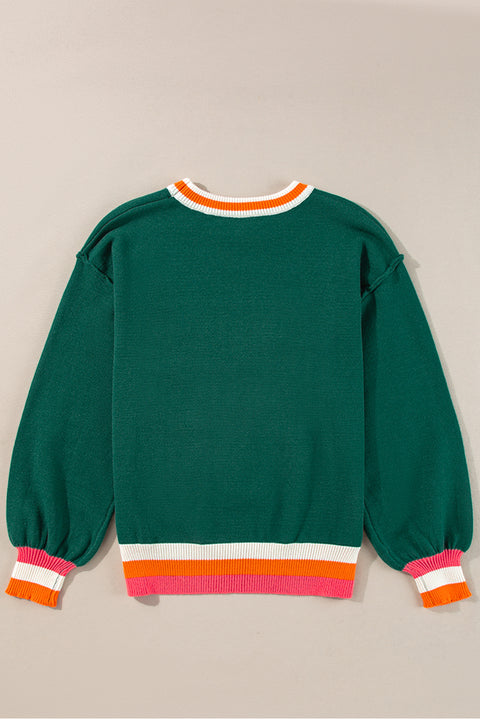 Blackish Green Colorblock Striped Trim Drop Shoulder Sweater