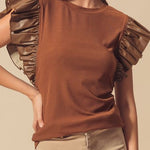 Cinnamon Leather Ruffle Sleeve Patchwork Round Neck Blouse