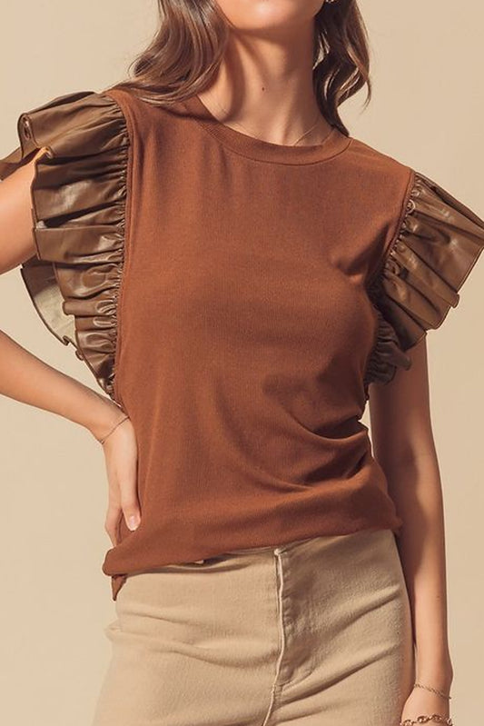 Cinnamon Leather Ruffle Sleeve Patchwork Round Neck Blouse