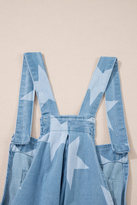 Light Blue Star Printed Buttoned Straps Pocketed Denim Romper