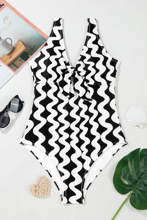 Black Stripe Bowknot Ricrac Print V Neck Low Back Cut One Piece Swimsuit