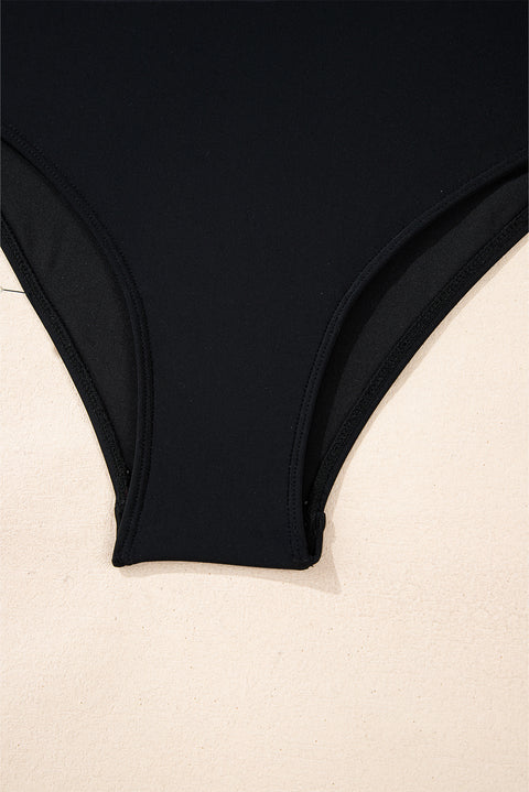 Black Colorblock Edge Belted One Piece Swimsuit