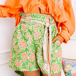 Green Floral Print Pocketed Front Knot High Waist Casual Shorts