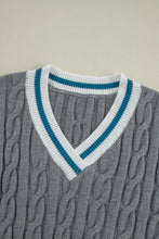 Medium Grey Color Contrast Ribbed Edge Cable Knit V Neck Sweater