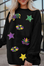 Black Sequin Star Doughnut Mask Graphic Mardi Gras Ribbed Sweatshirt