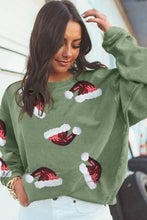 Grass Green Sequined Christmas Hat Graphic Winter Corded Sweatshirt