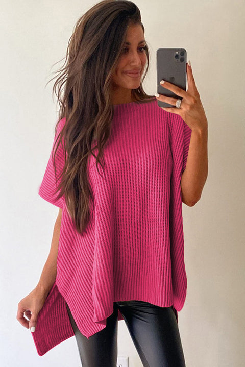 Rose Red Short Sleeve Side Slit Oversized Sweater