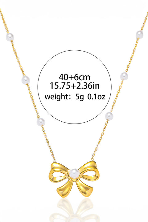 Gold Pearl Decor Plated Bow Knot Pendant Necklace