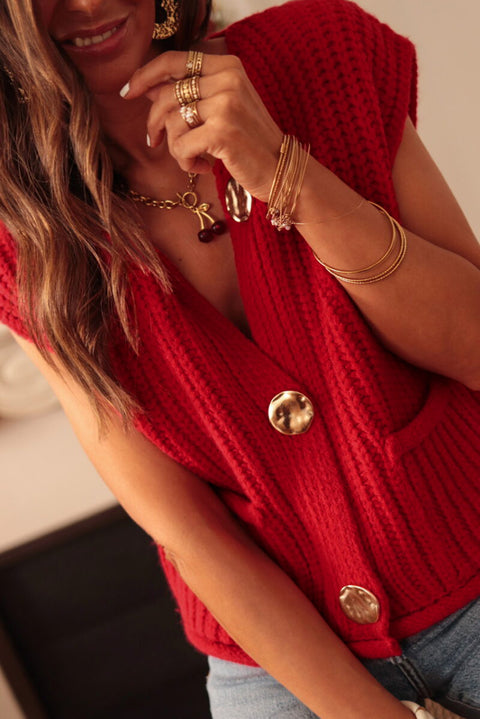 Fiery Red Solid Textured Knit Side Pockets Buttoned Sweater Vest