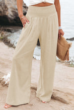 Khaki Smocked Wide Waistband High Waist Wide Leg Pants