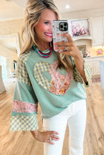 Clearly Aqua Plaid Floral Peace Heart Graphic Wide Long Sleeve Top