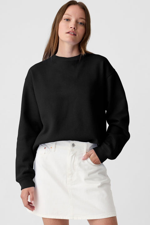 Black Solid Fleece Lined Drop Shoulder Terry Sweatshirt