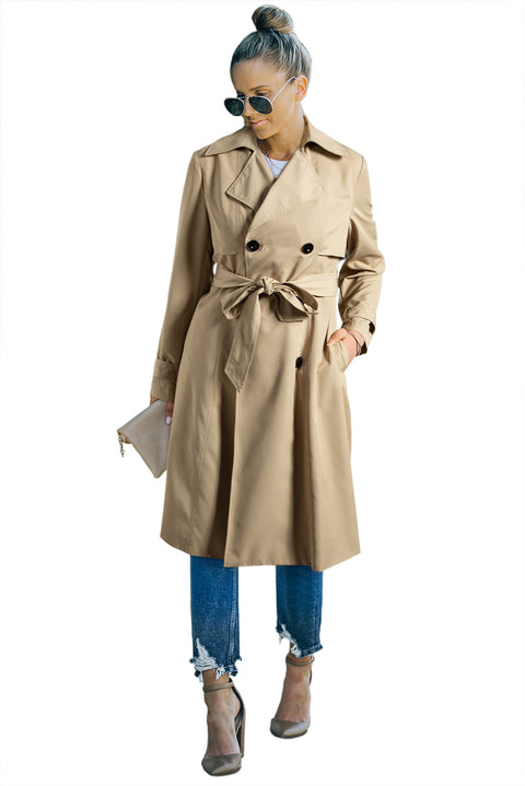 Pale Khaki Solid Color Lapel Collar Waist Tie Wind Coat