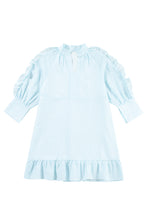 Myosotis Seersucker Ruffled Puff Sleeve Stand Neck Mini Dress