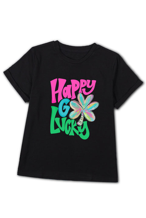 Black Happy GO Lucky Clover Print Crew Neck T Shirt