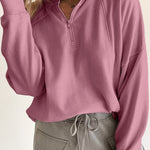 Fushia Zipped Neck Pullover Drop Shoulder Sweatshirt