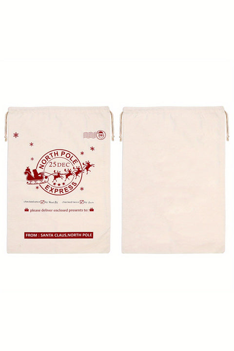 White Christmas Santa Claus Elk Letter Print Drawstring Gift Sack Bag