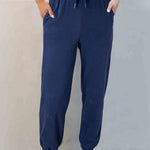 Navy Blue Solid Color Fleece Lined Drawstring Waist Joggers