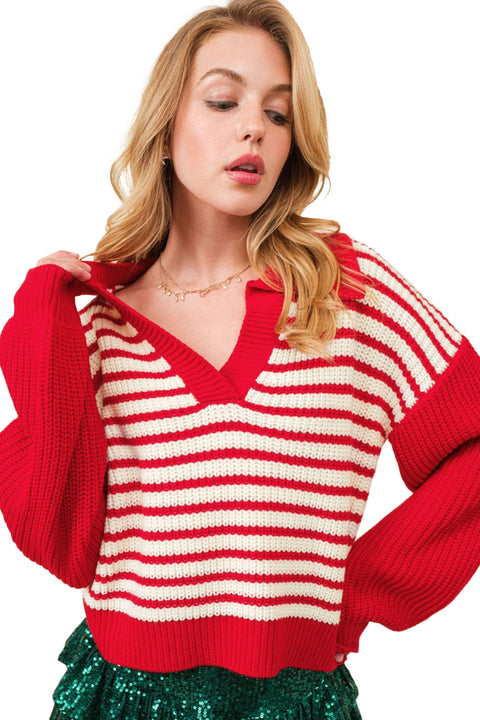 Red Stripe Lantern Sleeve V Neck Collared Drop Shoulder Sweater