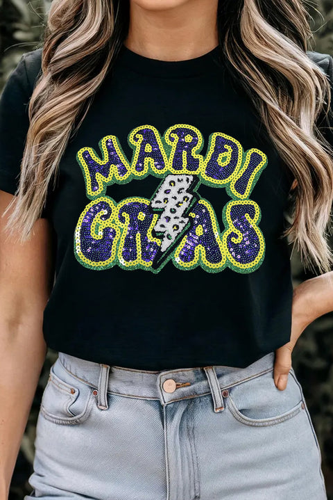 Black MARDI GRAS Lightning Graphic Short Sleeve Top