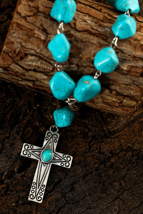 Peacock Blue Turquoise Cross Pendant Necklace