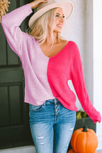 Pink Long Sleeve V-Neck Colorblock Sweater