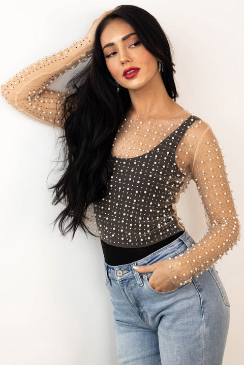 Black Pearl and Rhinestone Detail Sheer Mesh Top