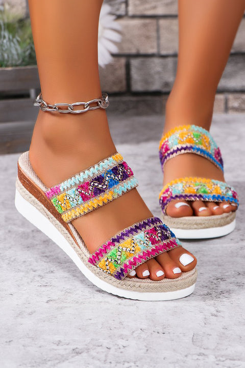 Multicolour Random Color Crochet Dual Band Wedge Slippers