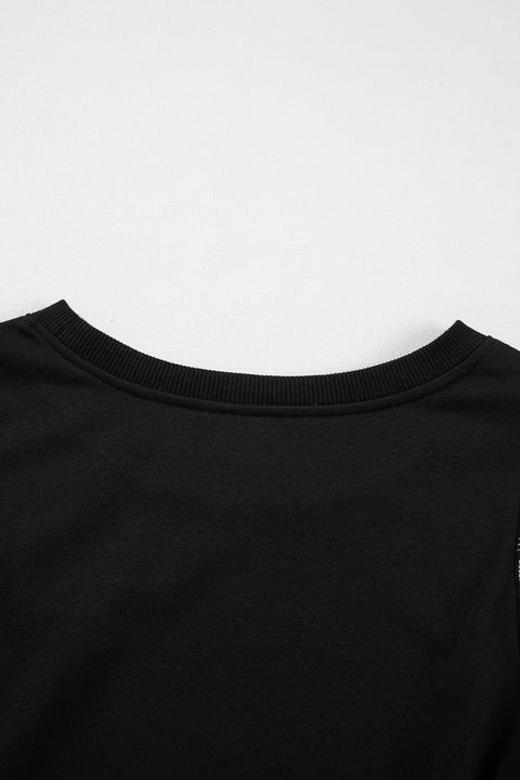 Black Contrast Stitches Detail Puffy Half Sleeve Blouse