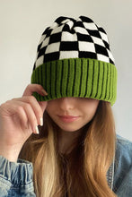 Spinach Green Checkered Color Block Unisex Winter Beanie Hat