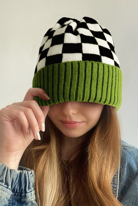 Spinach Green Checkered Color Block Unisex Winter Beanie Hat