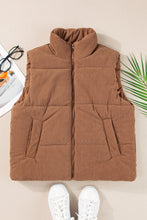 Coffee Corduroy Stand Neck Zipped Puffer Vest