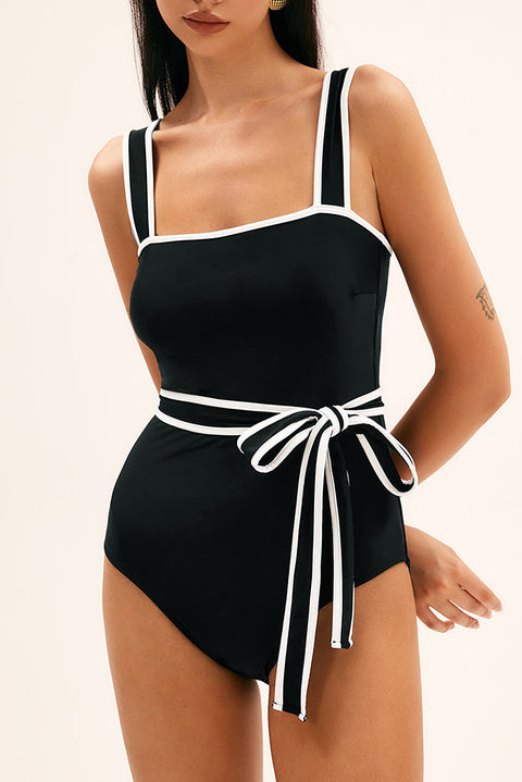 Black Colorblock Edge Belted One Piece Swimsuit