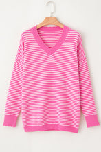 Pink Striped Scallop V Neck Loose Sweater with Slits