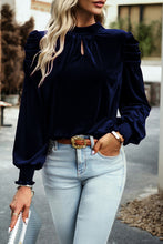 Navy Blue Mock Neck Puff Sleeve Velvet Blouse