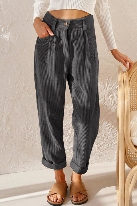 Black Corduroy High Waist Straight Leg Pants