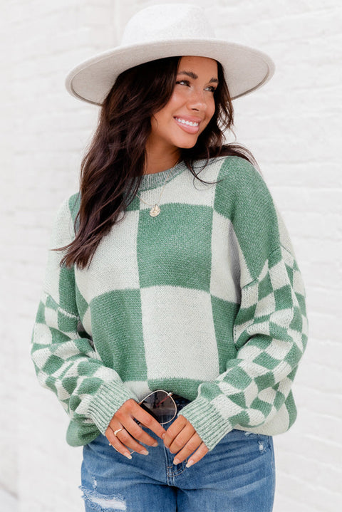 Flaxen Checkered Print Drop Shoulder Sweater